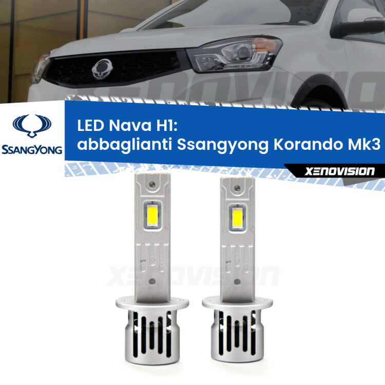 <strong>Abbaglianti LED no-spie per Ssangyong Korando</strong> Mk3 2013-2019. Coppia lampade <strong> H1</strong> modello Nava canbus, raffreddate a ventola.