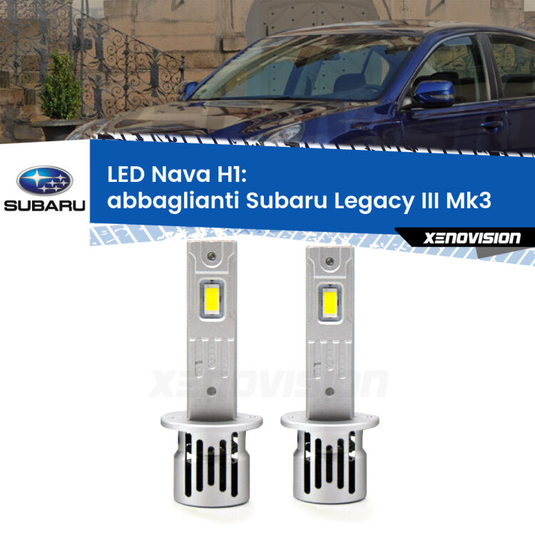 <strong>Abbaglianti LED no-spie per Subaru Legacy III</strong> Mk3 1998 -2002. Coppia lampade <strong> H1</strong> modello Nava canbus, raffreddate a ventola.