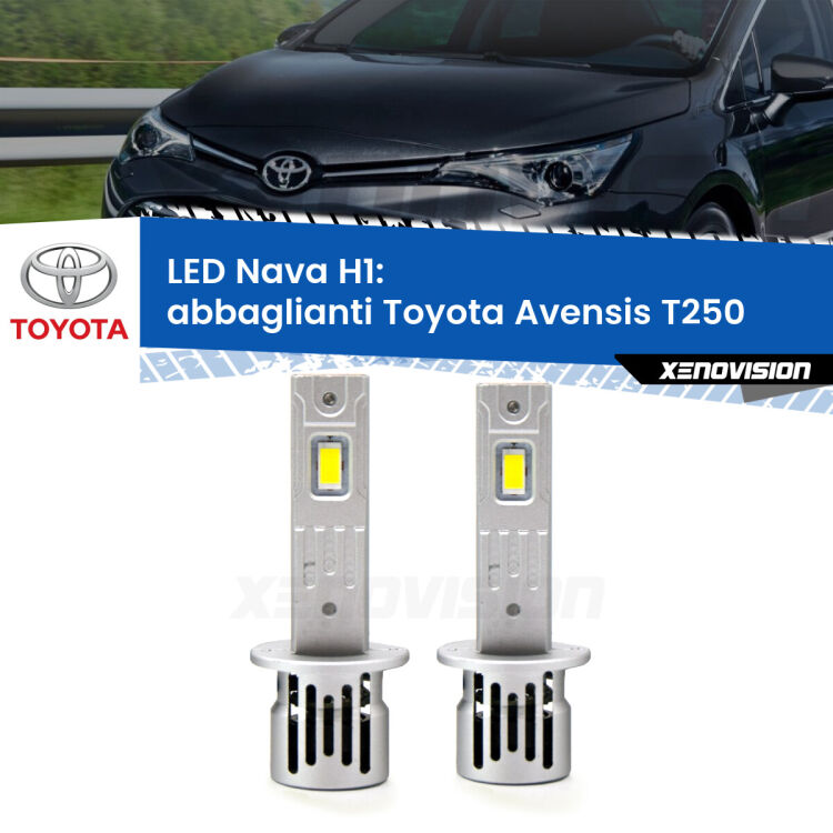 <strong>Abbaglianti LED no-spie per Toyota Avensis</strong> T250 2003 -2008. Coppia lampade <strong> H1</strong> modello Nava canbus, raffreddate a ventola.