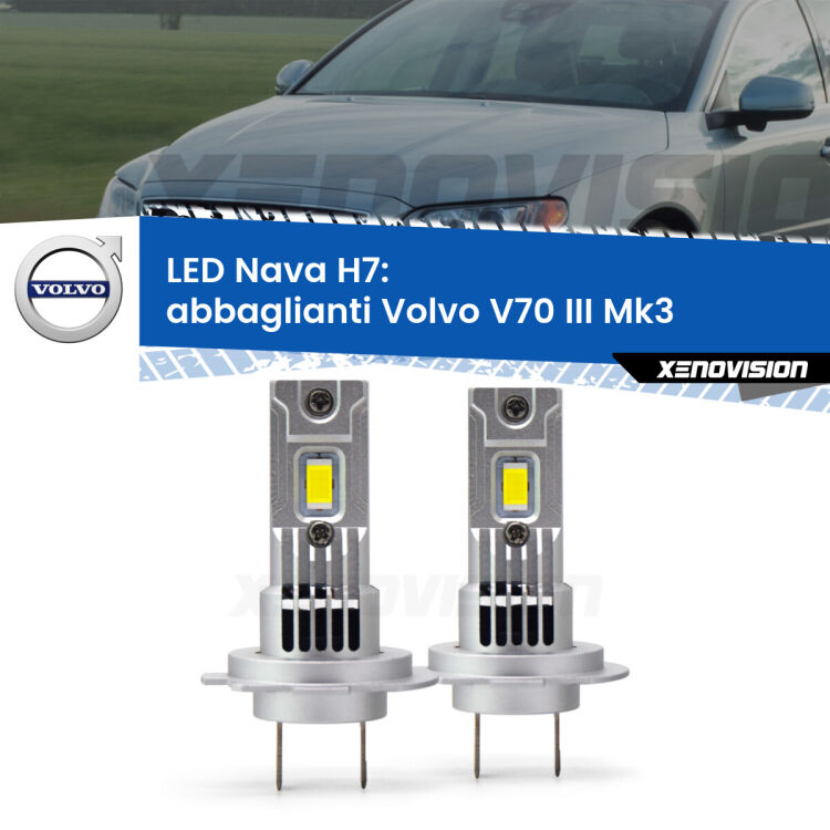 <strong>Abbaglianti LED no-spie per Volvo V70 III</strong> Mk3 con fari Bi-Xenon. Coppia lampade <strong>H7</strong> modello Nava canbus, raffreddate a ventola.