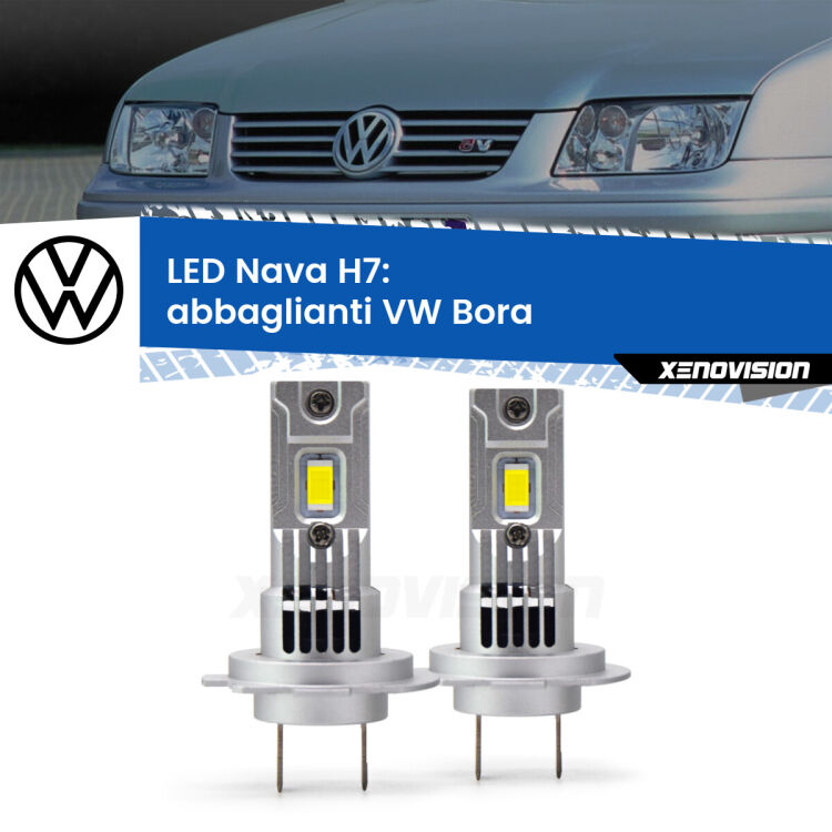 <strong>Abbaglianti LED no-spie per VW Bora</strong>  con fari Xenon. Coppia lampade <strong>H7</strong> modello Nava canbus, raffreddate a ventola.