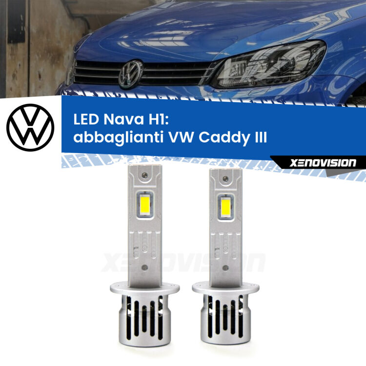 <strong>Abbaglianti LED no-spie per VW Caddy III</strong>  2004-2010 senza DRL. Coppia lampade <strong> H1</strong> modello Nava canbus, raffreddate a ventola.