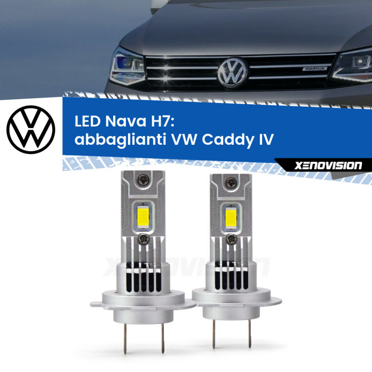 <strong>Abbaglianti LED no-spie per VW Caddy IV</strong>  a parabola doppia. Coppia lampade <strong>H7</strong> modello Nava canbus, raffreddate a ventola.