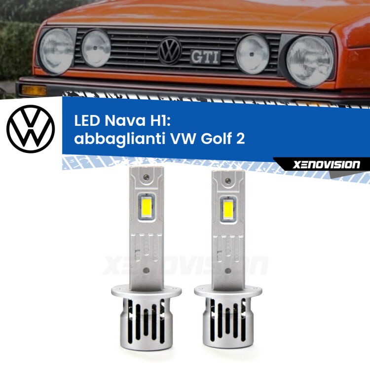 <strong>Abbaglianti LED no-spie per VW Golf 2</strong>  a parabola doppia. Coppia lampade <strong> H1</strong> modello Nava canbus, raffreddate a ventola.