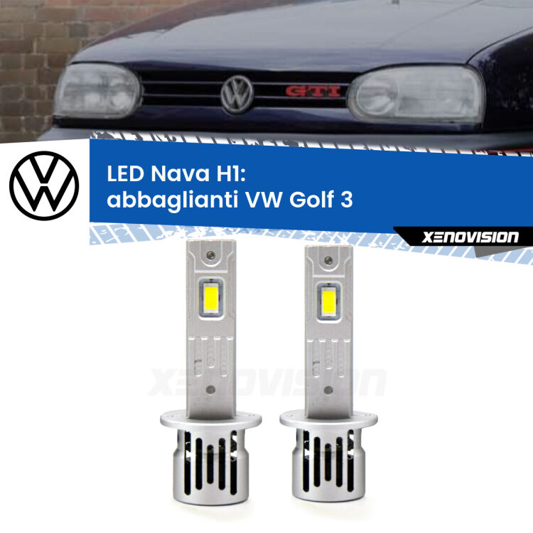 <strong>Abbaglianti LED no-spie per VW Golf 3</strong>  a parabola doppia. Coppia lampade <strong> H1</strong> modello Nava canbus, raffreddate a ventola.