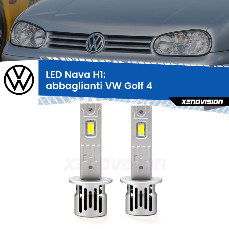 <strong>Abbaglianti LED no-spie per VW Golf 4</strong>  1997-2005. Coppia lampade <strong> H1</strong> modello Nava canbus, raffreddate a ventola.