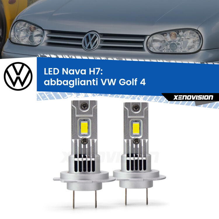 <strong>Abbaglianti LED no-spie per VW Golf 4</strong>  con fari Xenon. Coppia lampade <strong>H7</strong> modello Nava canbus, raffreddate a ventola.