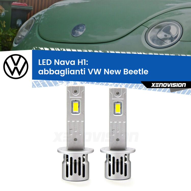 <strong>Abbaglianti LED no-spie per VW New Beetle</strong>  1998 -2005. Coppia lampade <strong> H1</strong> modello Nava canbus, raffreddate a ventola.