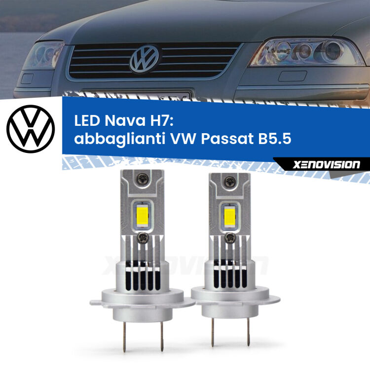 <strong>Abbaglianti LED no-spie per VW Passat</strong> B5.5 2000 -2005. Coppia lampade <strong>H7</strong> modello Nava canbus, raffreddate a ventola.