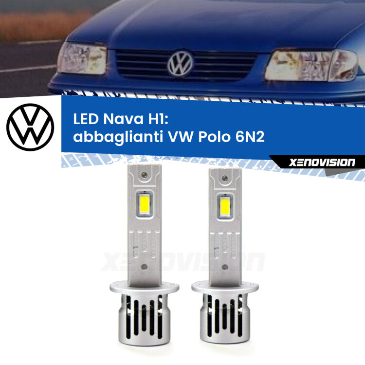 <strong>Abbaglianti LED no-spie per VW Polo</strong> 6N2 1999 -2001. Coppia lampade <strong> H1</strong> modello Nava canbus, raffreddate a ventola.