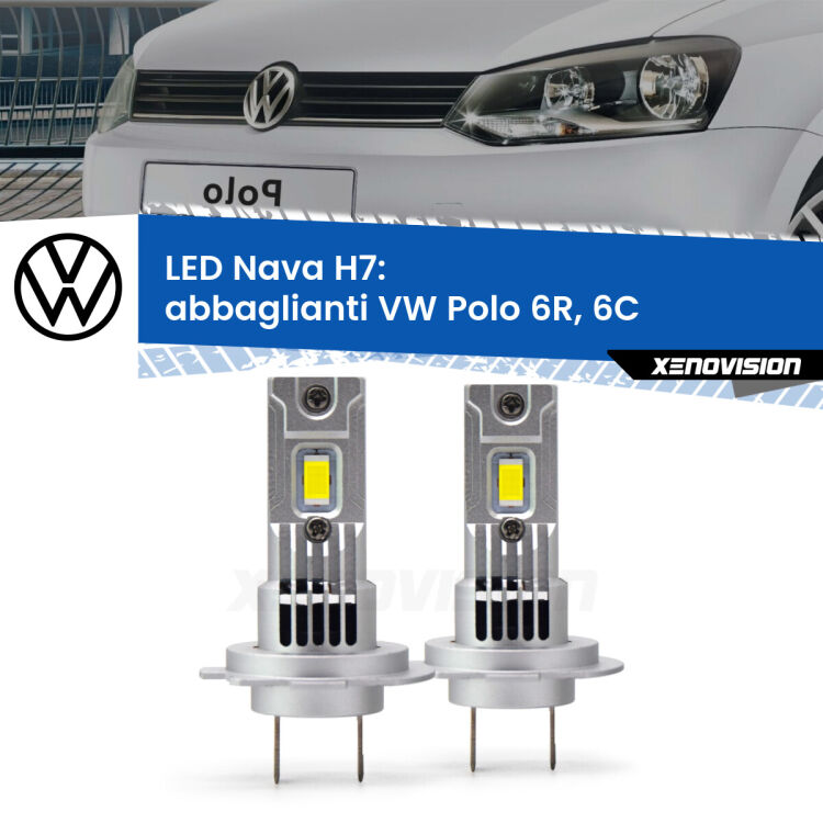 <strong>Abbaglianti LED no-spie per VW Polo</strong> 6R, 6C 2009-2017. Coppia lampade <strong>H7</strong> modello Nava canbus, raffreddate a ventola.