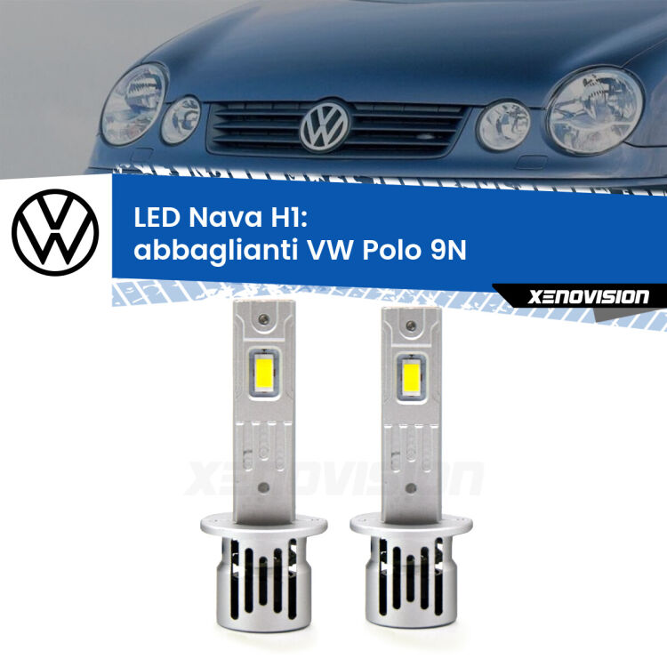 <strong>Abbaglianti LED no-spie per VW Polo</strong> 9N 2002 -2008. Coppia lampade <strong> H1</strong> modello Nava canbus, raffreddate a ventola.