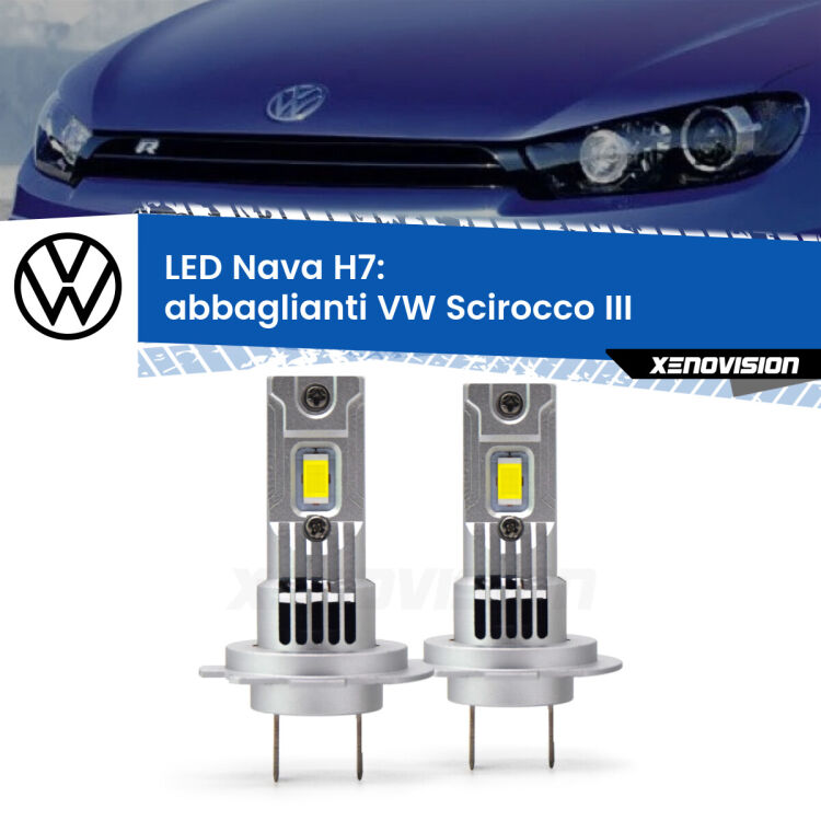 <strong>Abbaglianti LED no-spie per VW Scirocco</strong> III 2008-2017. Coppia lampade <strong>H7</strong> modello Nava canbus, raffreddate a ventola.