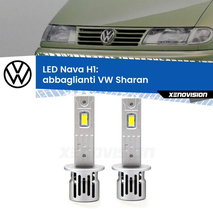 <strong>Abbaglianti LED no-spie per VW Sharan</strong>  1995-2010. Coppia lampade <strong> H1</strong> modello Nava canbus, raffreddate a ventola.