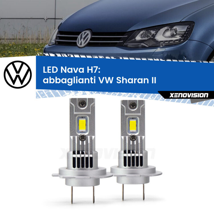 <strong>Abbaglianti LED no-spie per VW Sharan</strong> II 2010-2019. Coppia lampade <strong>H7</strong> modello Nava canbus, raffreddate a ventola.