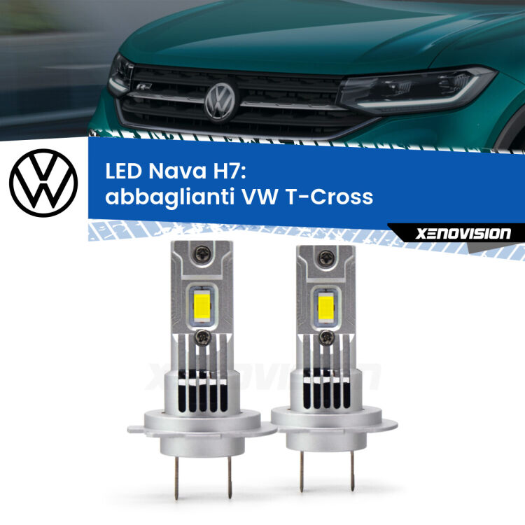 <strong>Abbaglianti LED no-spie per VW T-Cross</strong>  in poi. Coppia lampade <strong>H7</strong> modello Nava canbus, raffreddate a ventola.