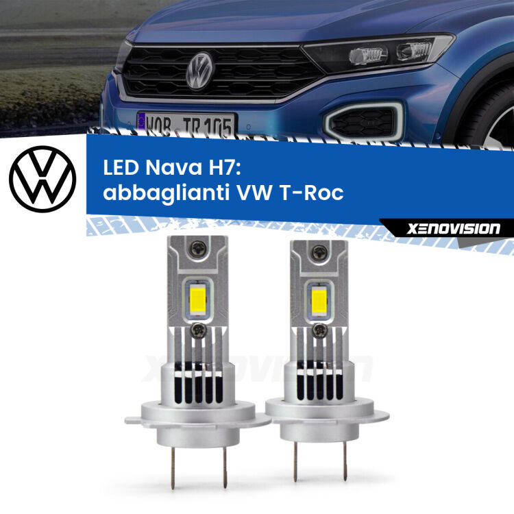 <strong>Abbaglianti LED no-spie per VW T-Roc</strong>  2017 in poi. Coppia lampade <strong>H7</strong> modello Nava canbus, raffreddate a ventola.