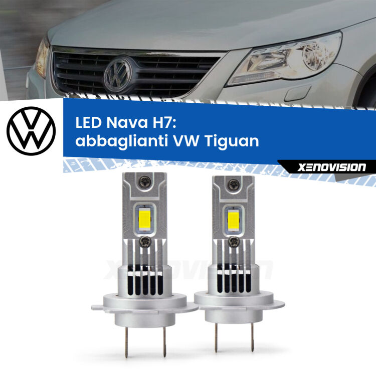 <strong>Abbaglianti LED no-spie per VW Tiguan</strong>  2007-2011. Coppia lampade <strong>H7</strong> modello Nava canbus, raffreddate a ventola.