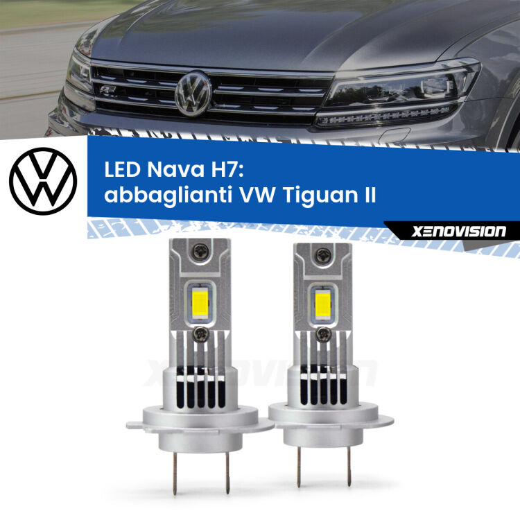 <strong>Abbaglianti LED no-spie per VW Tiguan</strong> II 2020 in poi. Coppia lampade <strong>H7</strong> modello Nava canbus, raffreddate a ventola.