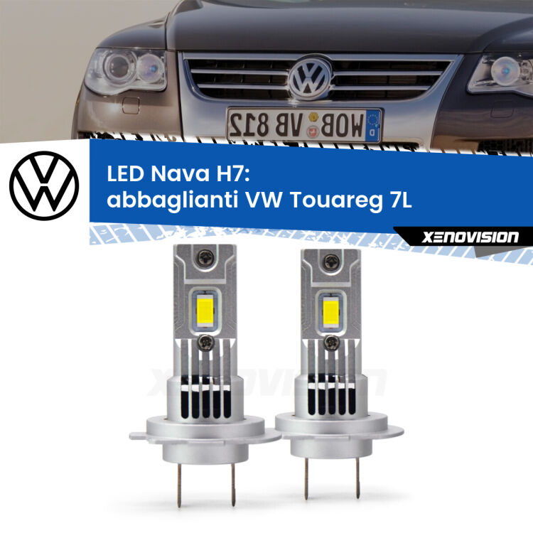 <strong>Abbaglianti LED no-spie per VW Touareg</strong> 7L Full-beam spotlight con fari Bi-Xenon. Coppia lampade <strong>H7</strong> modello Nava canbus, raffreddate a ventola.