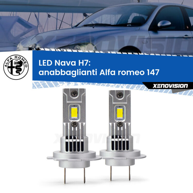 <strong>Anabbaglianti LED no-spie per Alfa romeo 147</strong>  2000 - 2010. Coppia lampade <strong>H7</strong> modello Nava canbus, raffreddate a ventola.