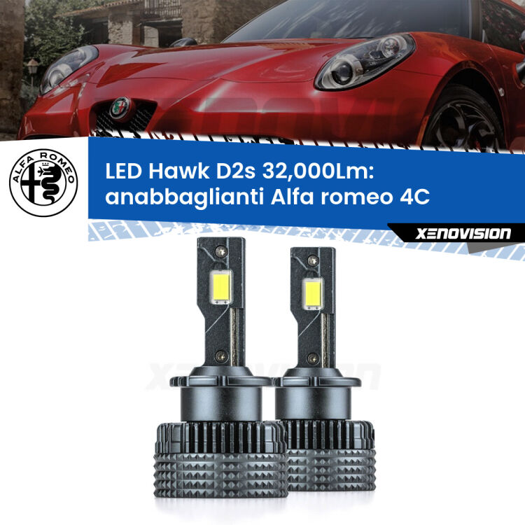 <strong>Kit anabbaglianti LED specifico per Alfa romeo 4C</strong>  2013 in poi. Lampade <strong>D2S</strong> Canbus da 32.000Lumen di luminosità modello Hawk Xenovision.