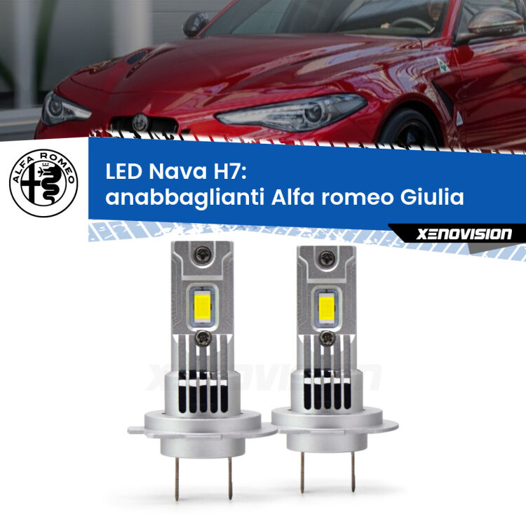 <strong>Anabbaglianti LED no-spie per Alfa romeo Giulia</strong>  2015 in poi. Coppia lampade <strong>H7</strong> modello Nava canbus, raffreddate a ventola.