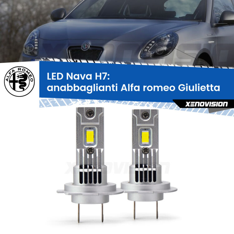 <strong>Anabbaglianti LED no-spie per Alfa romeo Giulietta</strong>  2010 in poi. Coppia lampade <strong>H7</strong> modello Nava canbus, raffreddate a ventola.