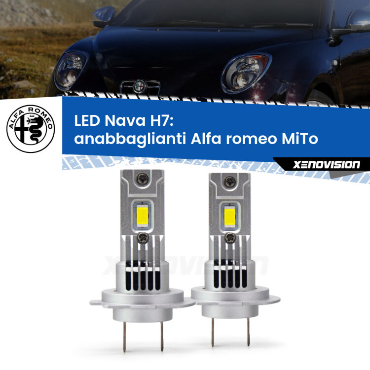 <strong>Anabbaglianti LED no-spie per Alfa romeo MiTo</strong>  2008 - 2018. Coppia lampade <strong>H7</strong> modello Nava canbus, raffreddate a ventola.