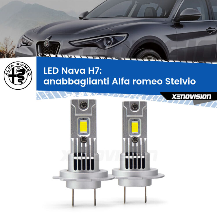 <strong>Anabbaglianti LED no-spie per Alfa romeo Stelvio</strong>  2016 in poi. Coppia lampade <strong>H7</strong> modello Nava canbus, raffreddate a ventola.