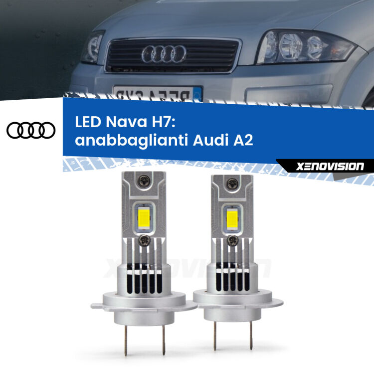 <strong>Anabbaglianti LED no-spie per Audi A2</strong>  2000 - 2005. Coppia lampade <strong>H7</strong> modello Nava canbus, raffreddate a ventola.