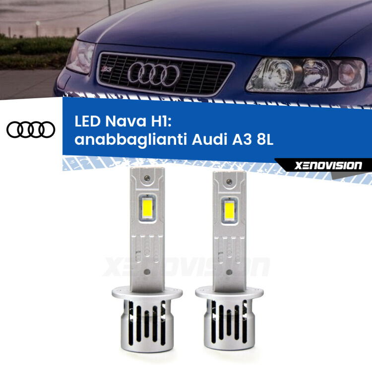 <strong>Anabbaglianti LED no-spie per Audi A3</strong> 8L fari lenticolari. Coppia lampade <strong> H1</strong> modello Nava canbus, raffreddate a ventola.