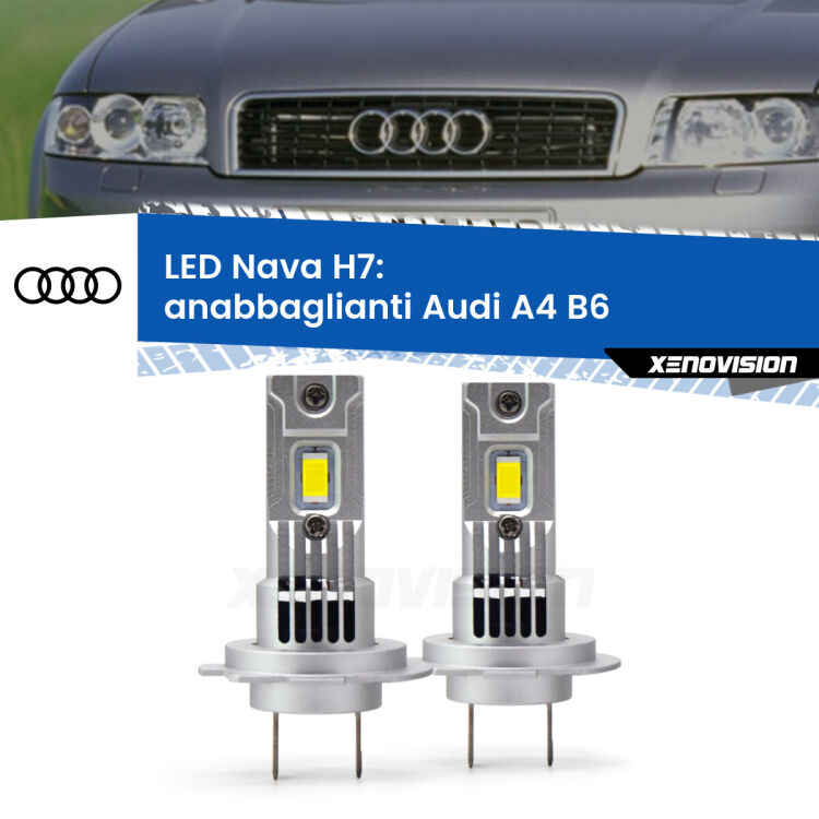 <strong>Anabbaglianti LED no-spie per Audi A4</strong> B6 2000 - 2004. Coppia lampade <strong>H7</strong> modello Nava canbus, raffreddate a ventola.