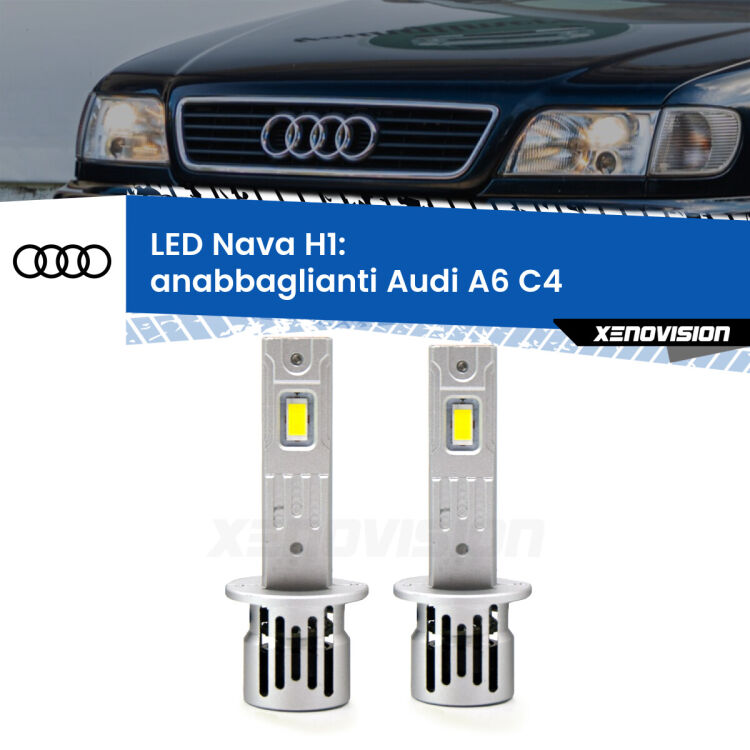 <strong>Anabbaglianti LED no-spie per Audi A6</strong> C4 1994 - 1997. Coppia lampade <strong> H1</strong> modello Nava canbus, raffreddate a ventola.