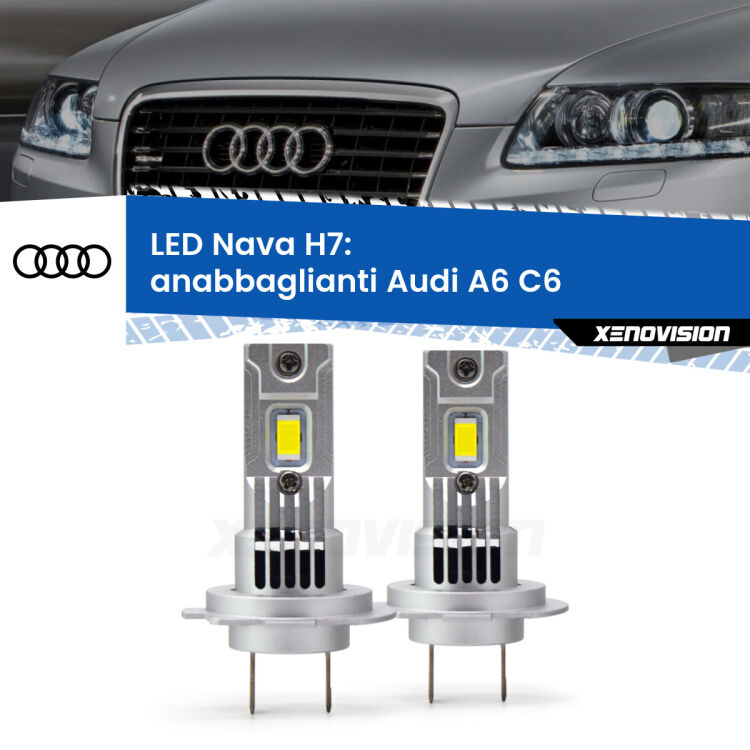 <strong>Anabbaglianti LED no-spie per Audi A6</strong> C6 2004 - 2011. Coppia lampade <strong>H7</strong> modello Nava canbus, raffreddate a ventola.