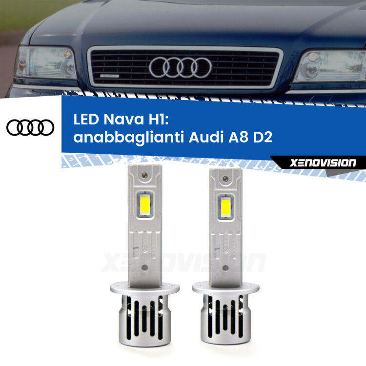 <strong>Anabbaglianti LED no-spie per Audi A8</strong> D2 1994 - 2002. Coppia lampade <strong> H1</strong> modello Nava canbus, raffreddate a ventola.