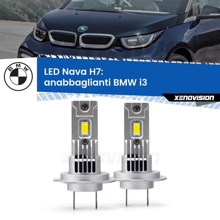 <strong>Anabbaglianti LED no-spie per BMW i3</strong>  2013 - 2023. Coppia lampade <strong>H7</strong> modello Nava canbus, raffreddate a ventola.