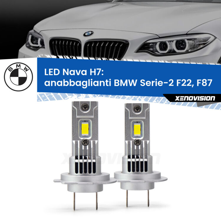 <strong>Anabbaglianti LED no-spie per BMW Serie-2</strong> F22, F87 2012 - 2015. Coppia lampade <strong>H7</strong> modello Nava canbus, raffreddate a ventola.