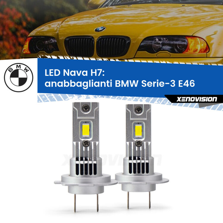 <strong>Anabbaglianti LED no-spie per BMW Serie-3</strong> E46 1998 - 2005. Coppia lampade <strong>H7</strong> modello Nava canbus, raffreddate a ventola.