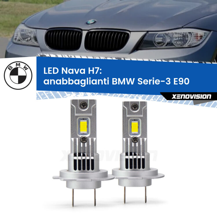 <strong>Anabbaglianti LED no-spie per BMW Serie-3</strong> E90 2005 - 2011. Coppia lampade <strong>H7</strong> modello Nava canbus, raffreddate a ventola.