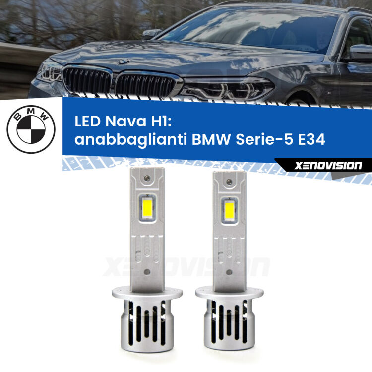 <strong>Anabbaglianti LED no-spie per BMW Serie-5</strong> E34 1988 - 1995. Coppia lampade <strong> H1</strong> modello Nava canbus, raffreddate a ventola.