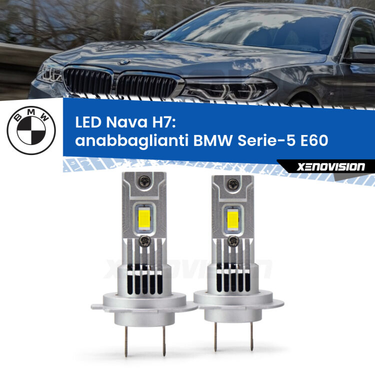 <strong>Anabbaglianti LED no-spie per BMW Serie-5</strong> E60 2003 - 2010. Coppia lampade <strong>H7</strong> modello Nava canbus, raffreddate a ventola.