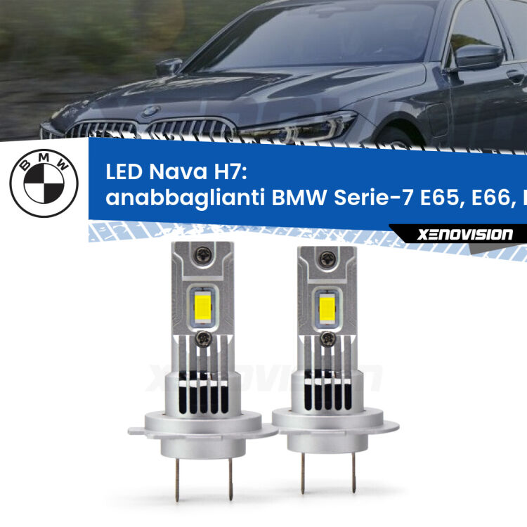 <strong>Anabbaglianti LED no-spie per BMW Serie-7</strong> E65, E66, E67 2001 - 2008. Coppia lampade <strong>H7</strong> modello Nava canbus, raffreddate a ventola.