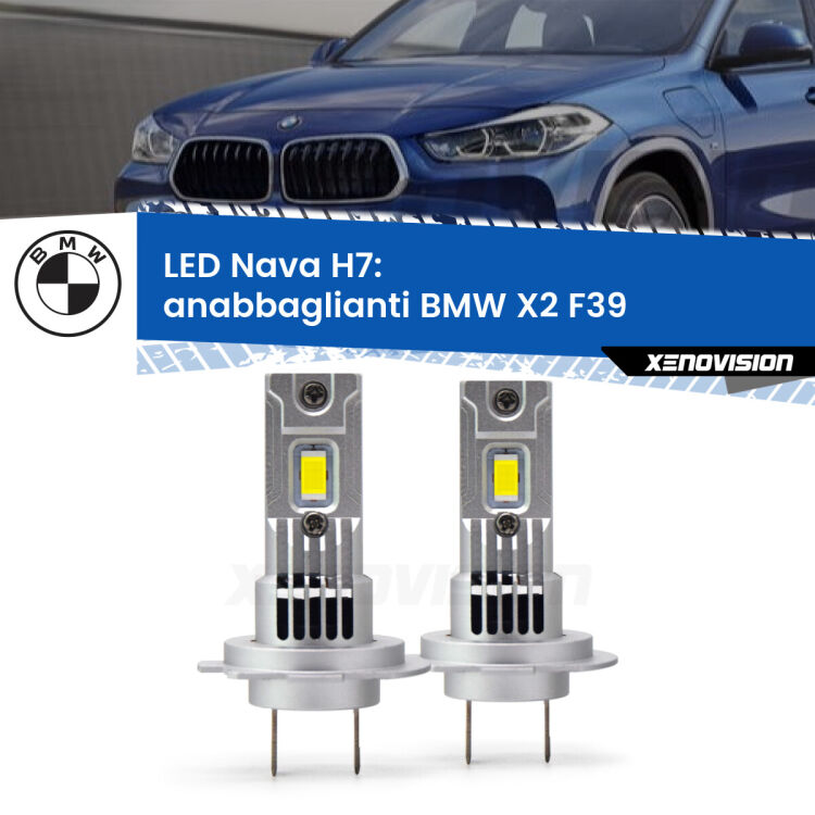 <strong>Anabbaglianti LED no-spie per BMW X2</strong> F39 2017 in poi. Coppia lampade <strong>H7</strong> modello Nava canbus, raffreddate a ventola.