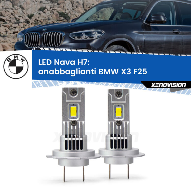 <strong>Anabbaglianti LED no-spie per BMW X3</strong> F25 2010 - 2016. Coppia lampade <strong>H7</strong> modello Nava canbus, raffreddate a ventola.