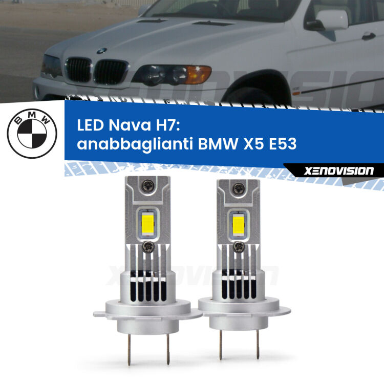 <strong>Anabbaglianti LED no-spie per BMW X5</strong> E53 1999 - 2003. Coppia lampade <strong>H7</strong> modello Nava canbus, raffreddate a ventola.