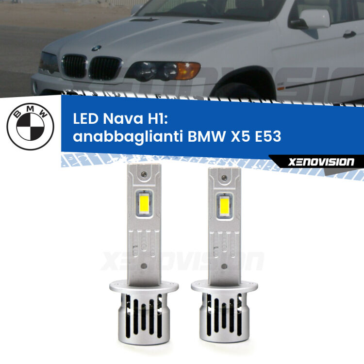 <strong>Anabbaglianti LED no-spie per BMW X5</strong> E53 2003 - 2005. Coppia lampade <strong> H1</strong> modello Nava canbus, raffreddate a ventola.