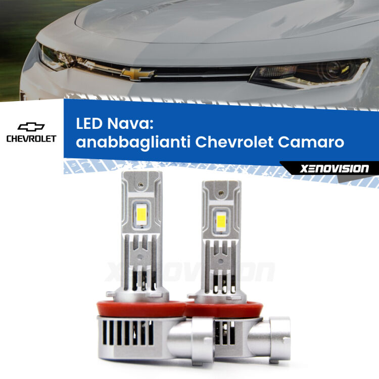 <strong>Anabbaglianti LED no-spie per Chevrolet Camaro</strong>  2015 in poi. Coppia lampade <strong>H11</strong>/H9/H8/H16(JP) modello Nava canbus, raffreddate a ventola.