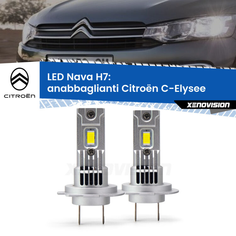 <strong>Anabbaglianti LED no-spie per Citroën C-Elysee</strong>  2012 in poi. Coppia lampade <strong>H7</strong> modello Nava canbus, raffreddate a ventola.