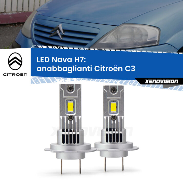 <strong>Anabbaglianti LED no-spie per Citroën C3</strong>  2002 - 2009. Coppia lampade <strong>H7</strong> modello Nava canbus, raffreddate a ventola.